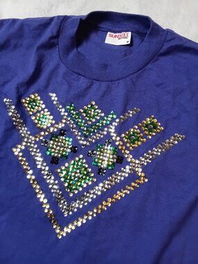 Vintage Sunbelt Sportswear Blue T-Shirt Sequin Geometric Design